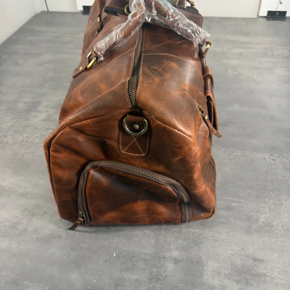 Denver Leather Craft Rio Duffel Men Large Brown Leather Shoe Compartment Travel